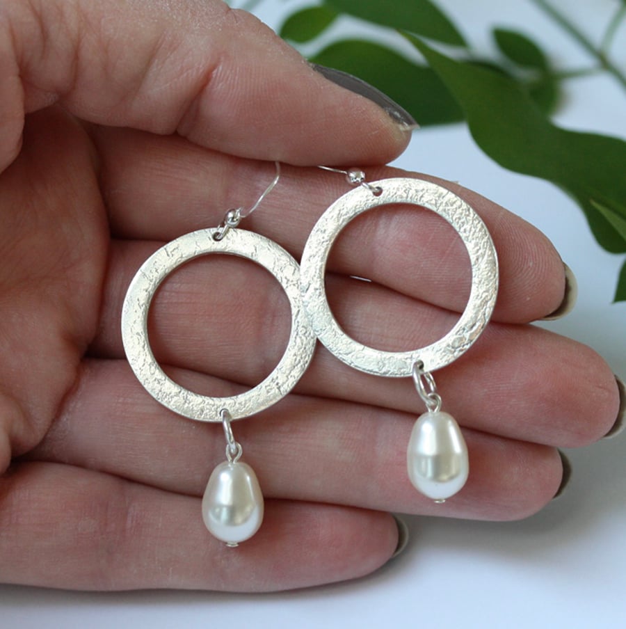 Large Sterling Silver Circle Earrings with Swarovski Pearl drop