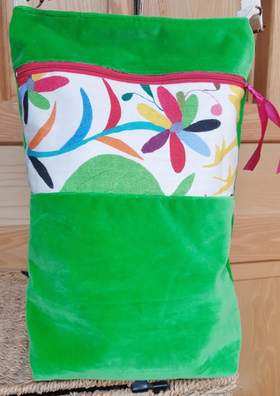 Green velvet and floral linen bag