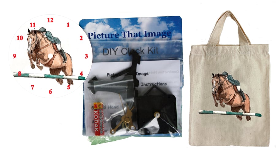 DIY 12cm Clock Kit Gift Set - Horse Riding in a Canvas Bag with a similar Motif
