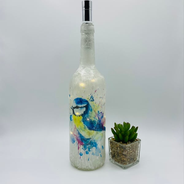 Decoupage bottle with lights Blue Tit bird