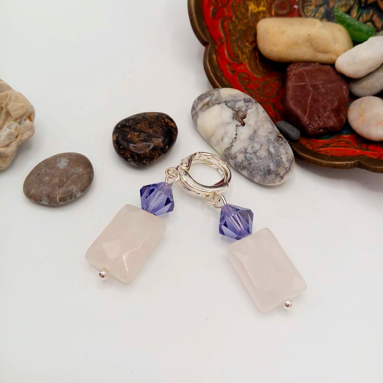 Rose Quartz Rectangle and Purple Crystal Sterling Silver Earrings, Gift for Her