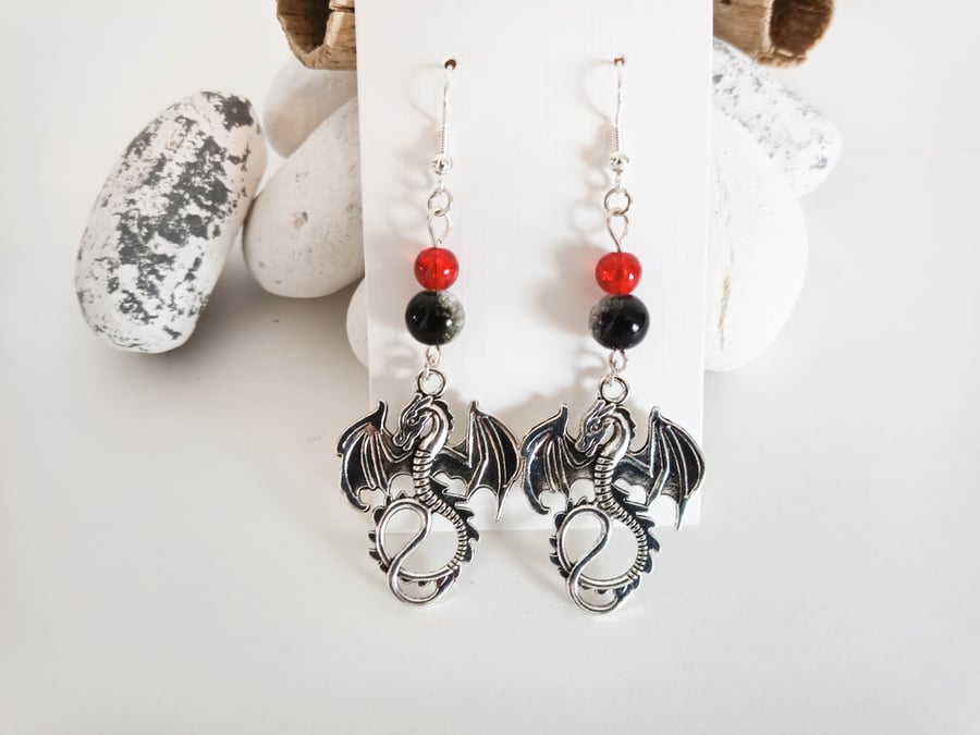 Silver Dragon and Black and Red Crackle Bead Earrings