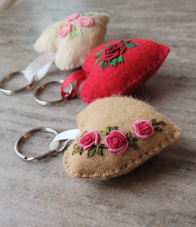 cute heart keychain, hand embroidered rose, valentine gift, teenager birthday 
