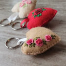 cute heart keychain, hand embroidered rose, valentine gift, teenager birthday 