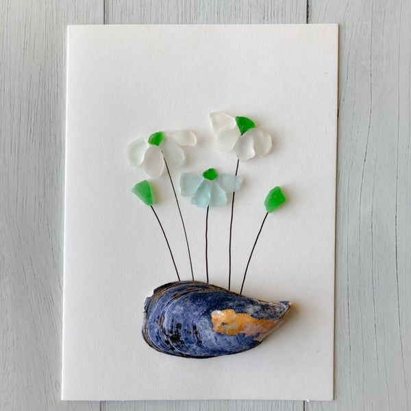 Floral greeting card handmade with sea glass and shell from Cornish beaches 