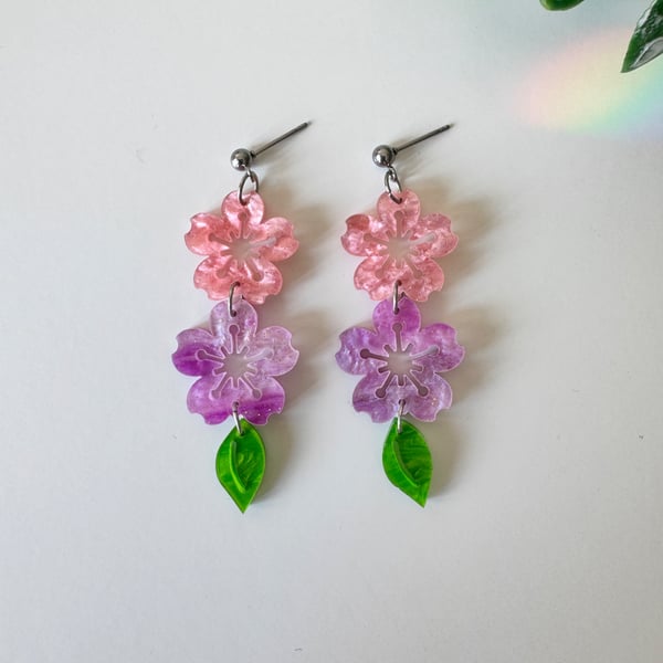 Pink & Lilac Cherry Blossom Acrylic Earrings