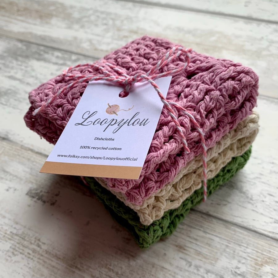 Set of 3 handmade reusable dishcloths made from 100% recycled cotton