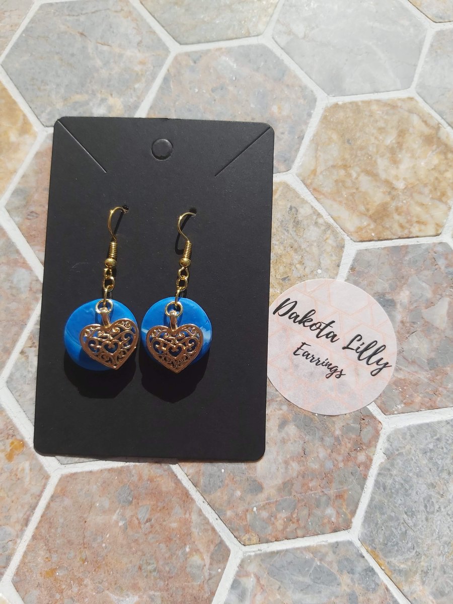 Blue and White circles on hooks with heart charm, handmade polymer clay