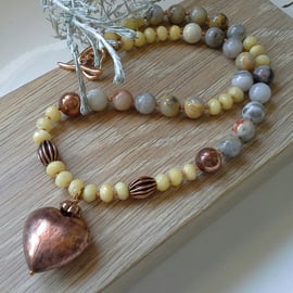 Agate, Yellow Jade & Copper Statement Rose Gold Plated Necklace