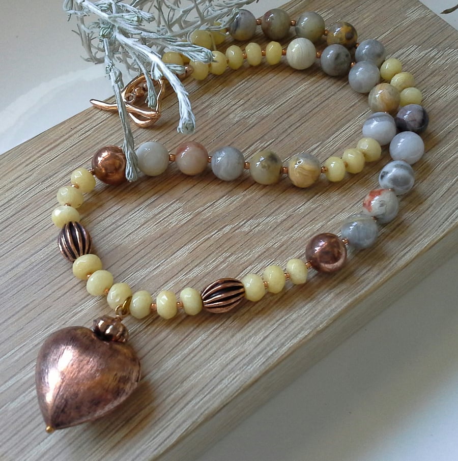 Agate, Yellow Jade & Copper Statement Rose Gold Plated Necklace