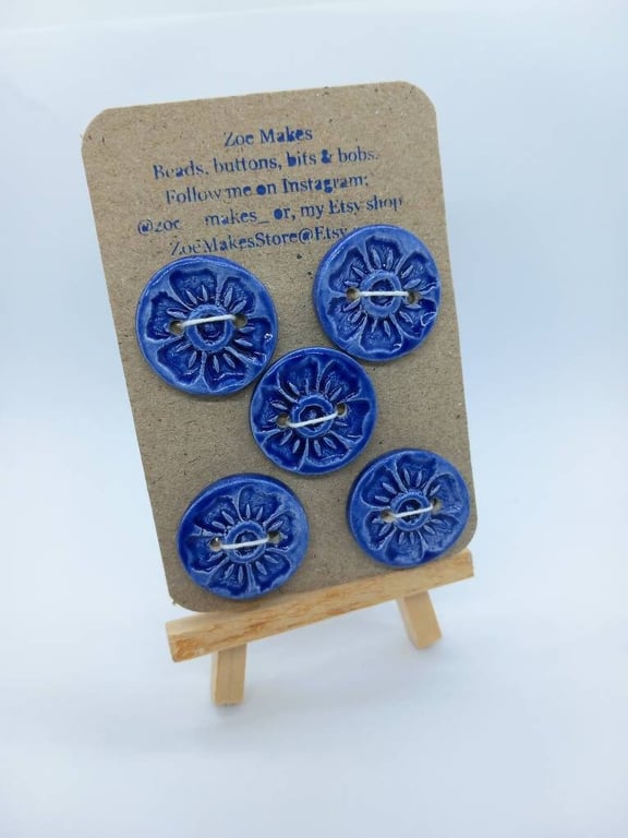 Set of 5 blue buttons, ceramic handmade royal blue flower textured buttons.