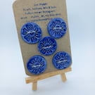 Set of 5 blue buttons, ceramic handmade royal blue flower textured buttons.