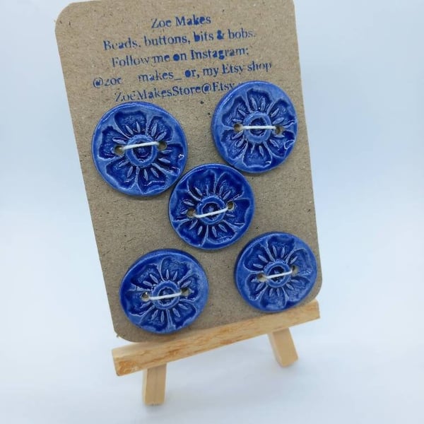 Set of 5 blue buttons, ceramic handmade royal blue flower textured buttons.