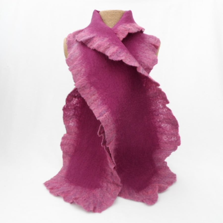 Scarf, long wet felted purple-pink SALE