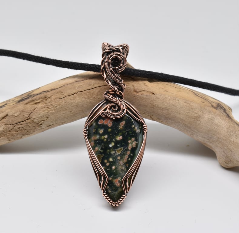 Ocean Jasper and Copper Wire Wrapped Unisex Pendant