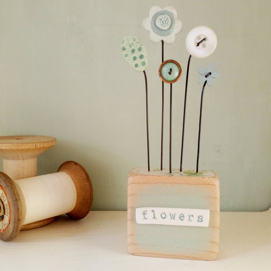  SALE- Flower Garden in an Oak Wood Block 'flowers'