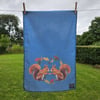 Red Squirrel in acorn heart tea towel design, organic cotton, hanging loop