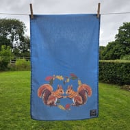 Red Squirrel in acorn heart tea towel design, organic cotton, hanging loop