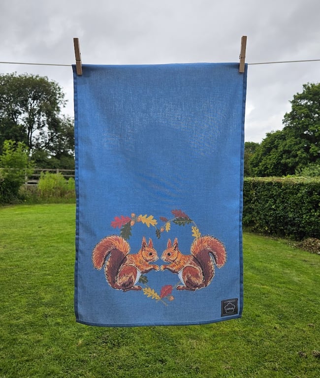 Red Squirrel in acorn heart tea towel design, organic cotton, hanging loop