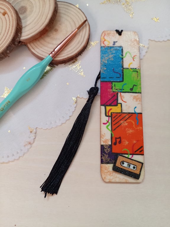 Wooden retro music cassette bookmark 