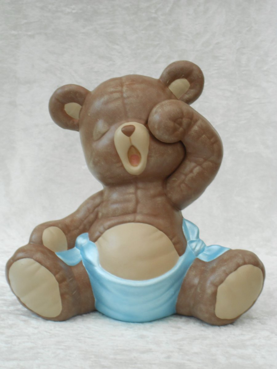 Hand Painted Sitting Ceramic Sleepy Brown Teddy Bear In Blue Nappy Ornament.