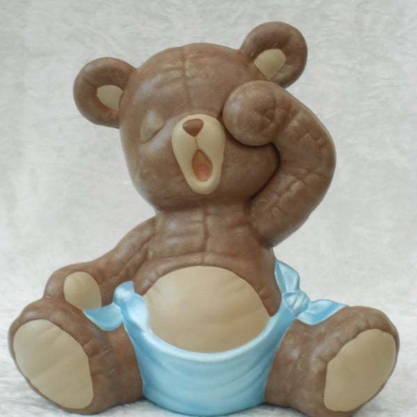 Hand Painted Sitting Ceramic Sleepy Brown Teddy Bear In Blue Nappy Ornament.