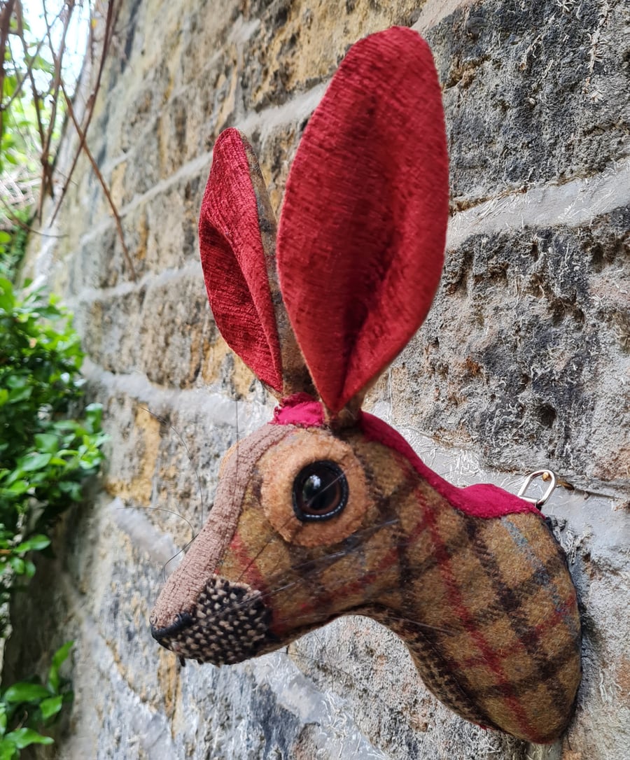Faux hare head in checked Abraham Moon wool by Crafted Creatures