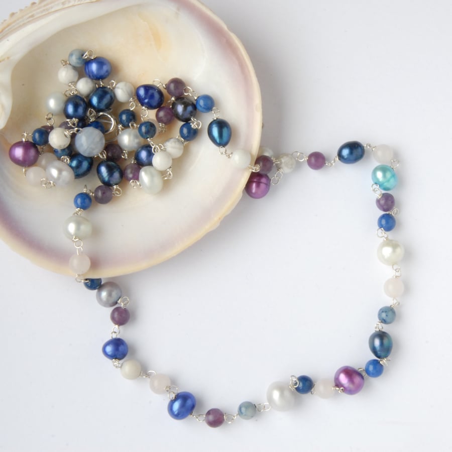 Blue and purple beaded sterling silver necklace 