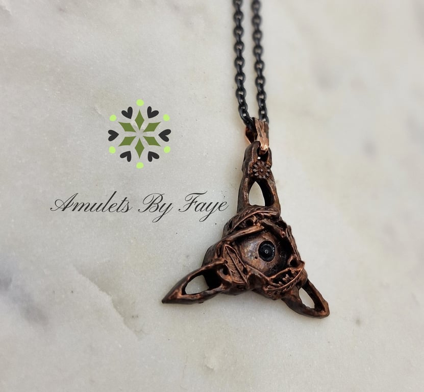 Copper Triquetra With Feathers and Sky Blue Topaz Gemstone Pendant Necklace.