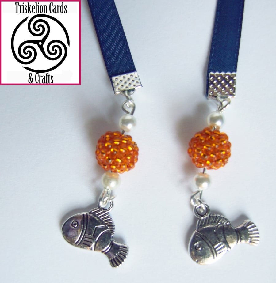 Clown Fish Charms Blue Ribbon Bookmark with Orange Beaded Beads 