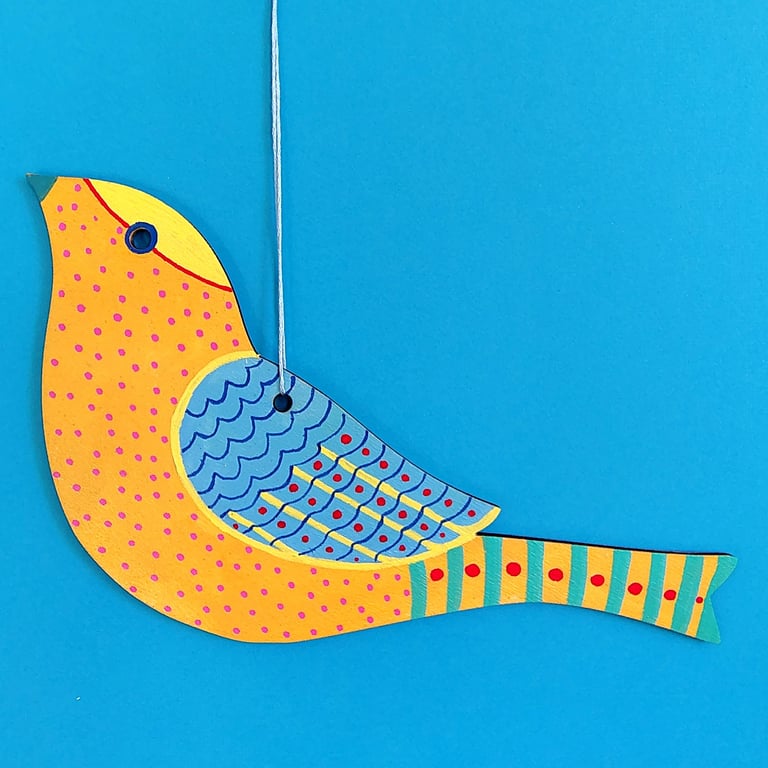 Hand painted wooden bird hanging, yellow bird wall art, folk art decoration