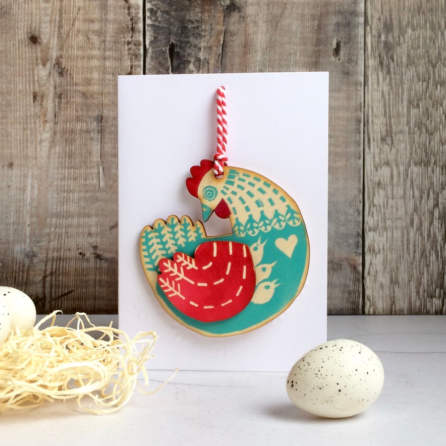 'Mother Hen' Hand Printed Wooden Charm Easter Decoration