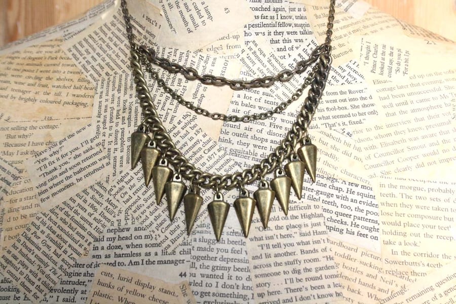 Antique Gold Tone Spike Charm Multi Chain Necklace