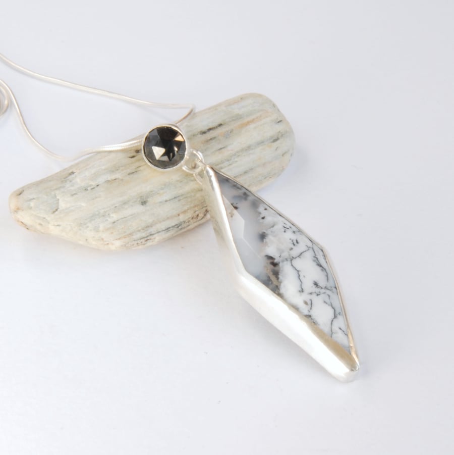 Dendritic opal, spinel and silver pendant