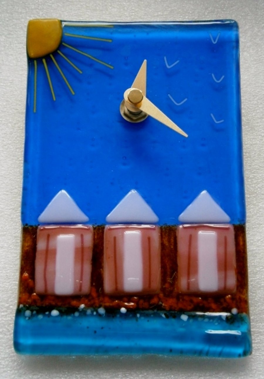 Fused glass Beach huts wall clock