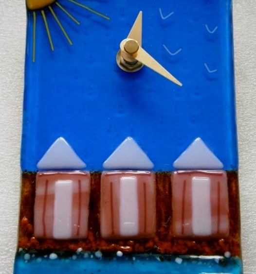 Fused glass Beach huts wall clock