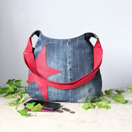 Denim Bag - Denim Jeans Cross Body Crossover Bag with Red Leather Star 