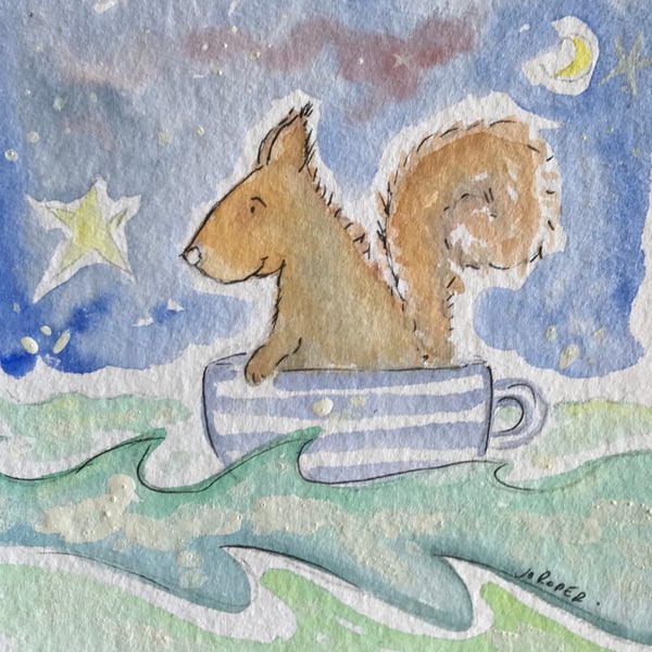 Baby Squirrel star teacup  Original painting Jo Roper