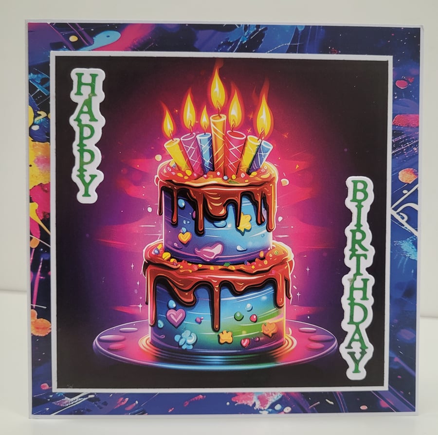 Neon Effect Birthday Card - Birthday Cake