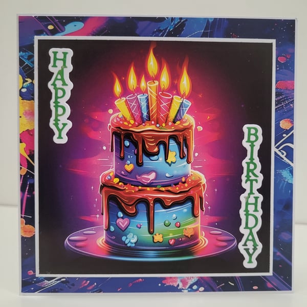 Neon Effect Birthday Card - Birthday Cake