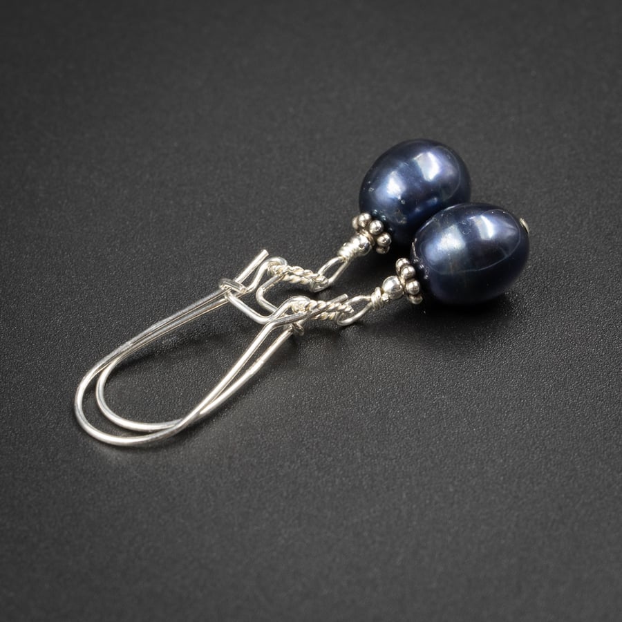 Navy blue freshwater pearl and sterling silver earrings, Gemini gift