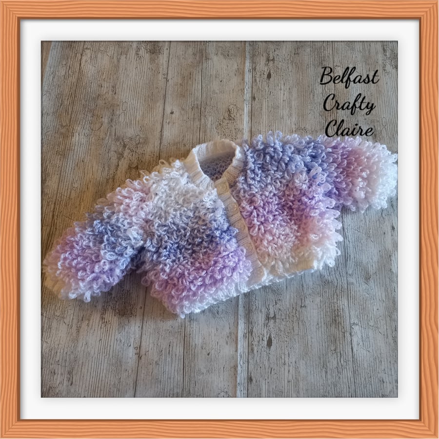 Hand Knitted Baby - LOOPY Style - Cardigan - BLUES AND PURPLES - 0-6 Months