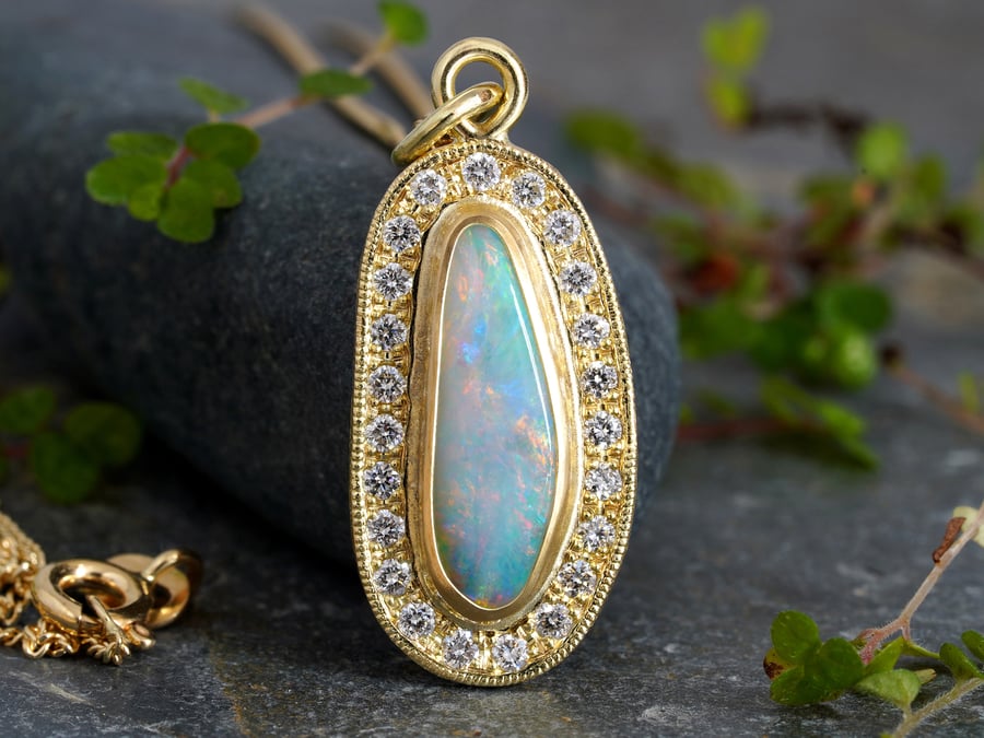 Opal Necklace with Diamonds in 18ct Yellow Gold - Folksy