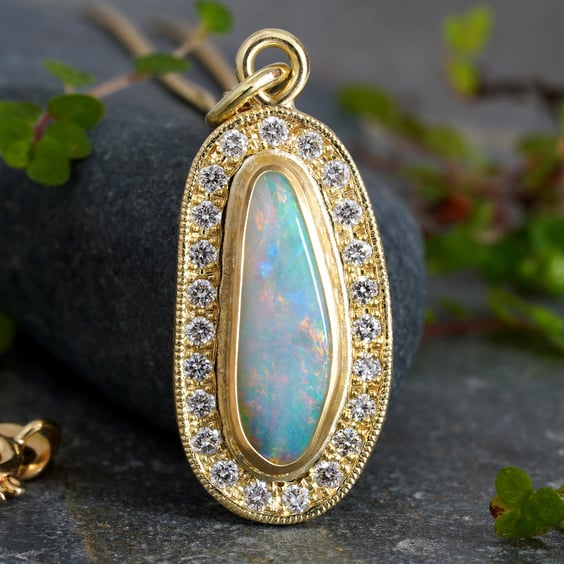 Opal Necklace with Diamonds in 18ct Yellow Gold
