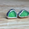 Handmade Welsh Green Sea Glass & Silver Medium Sized Stud Earrings