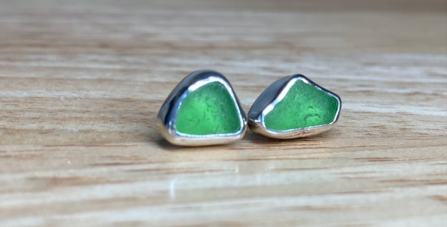 Handmade Welsh Green Sea Glass & Silver Medium Sized Stud Earrings