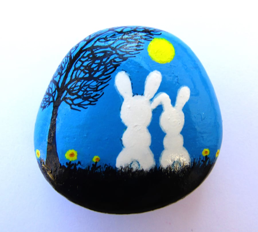 Rabbit Magnet, Painted Pebble, Daughter Gift, White Bunny Art Painting, Stone
