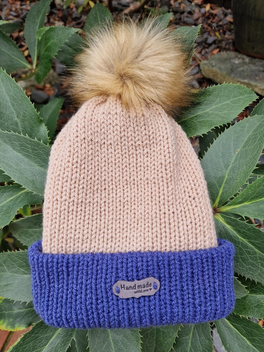 Beige and Royal Blue Ladies' Knitted Bobble Hat - Handmade with Faux Fur Pom Pom