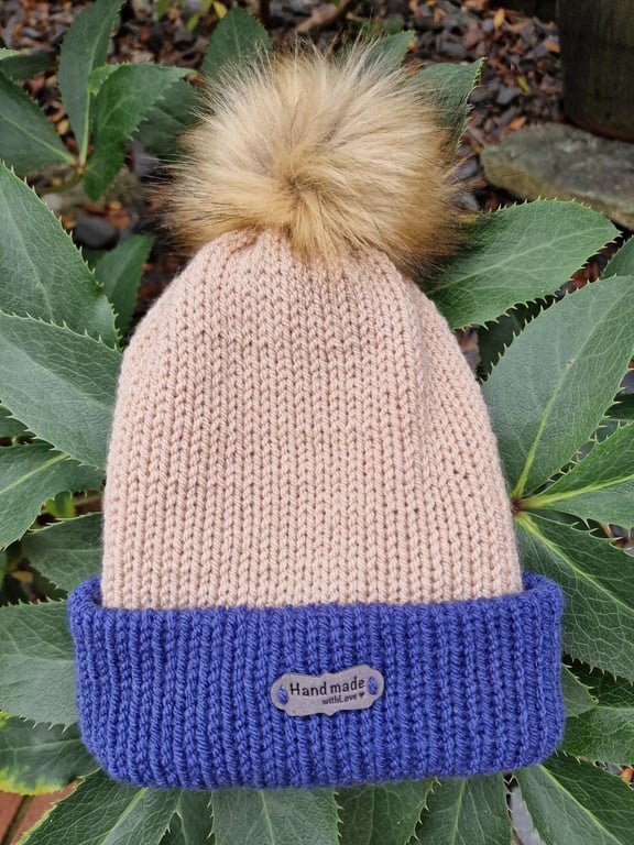 Beige and Royal Blue Ladies' Knitted Bobble Hat - Handmade with Faux Fur Pom Pom