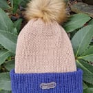 Beige and Royal Blue Ladies' Knitted Bobble Hat - Handmade with Faux Fur Pom Pom